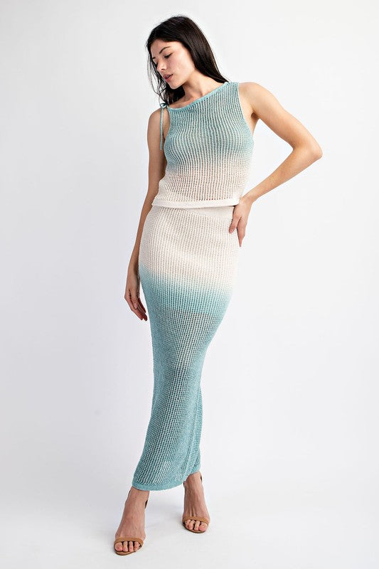 model is wearing Ecru Aqua Ombre Crochet Skirt 