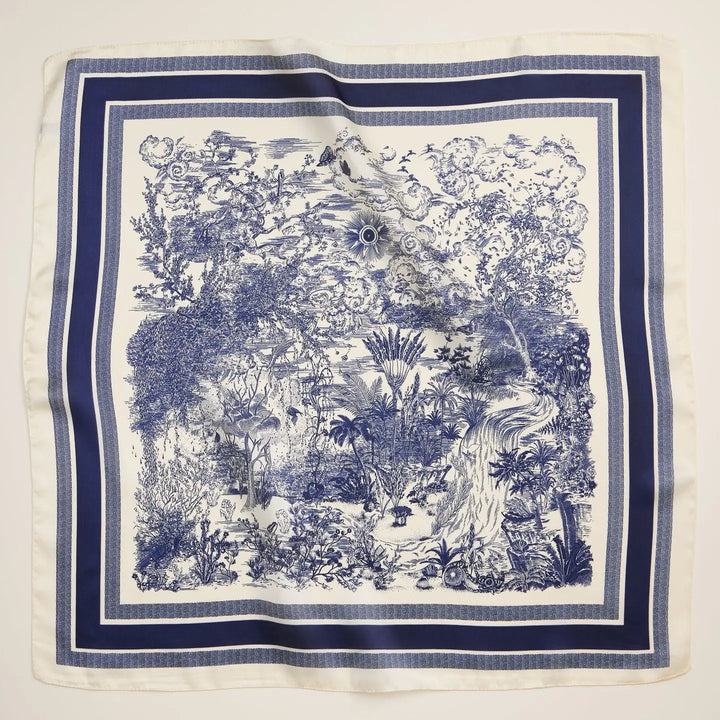Blue and white toile print square scarf from STYLED BY ALX COUTURE
