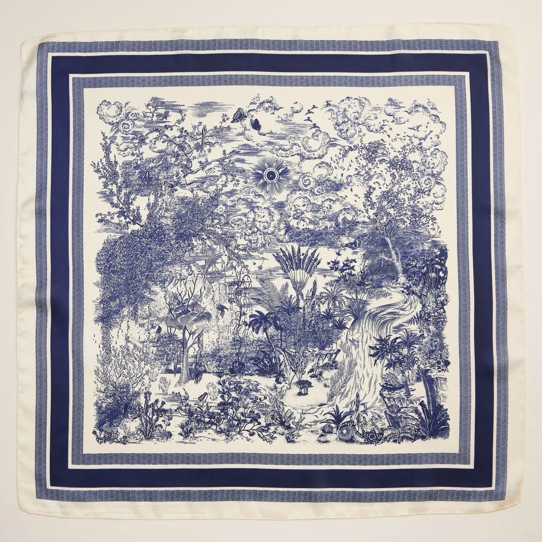 Intricate nature inspired toile scene on a silk feel polyester scarf