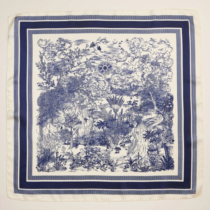 Intricate nature inspired toile scene on a silk feel polyester scarf
