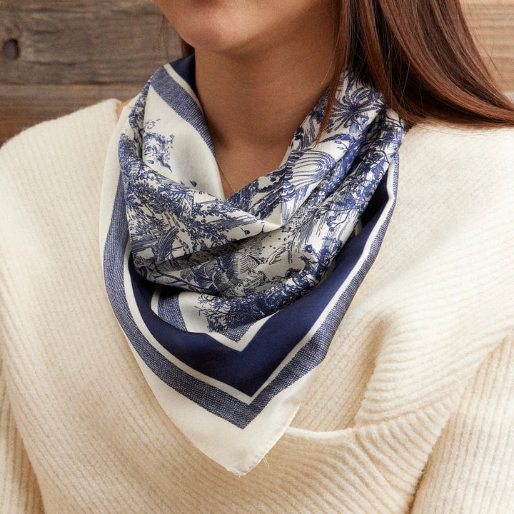 Vintage inspired square scarf with a sophisticated printed border
