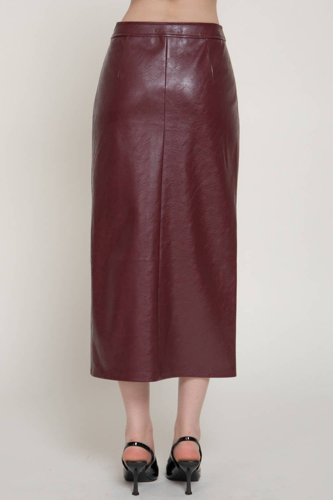 Ember Wine Faux Leather Pencil Midi Skirt - STYLED BY ALX COUTURESkirts