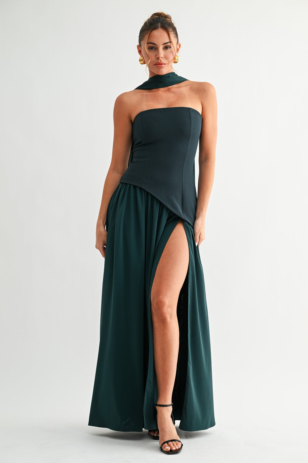 Emerald green strapless Parisian lace-up maxi dress with scarf necktie and high slit, front view
