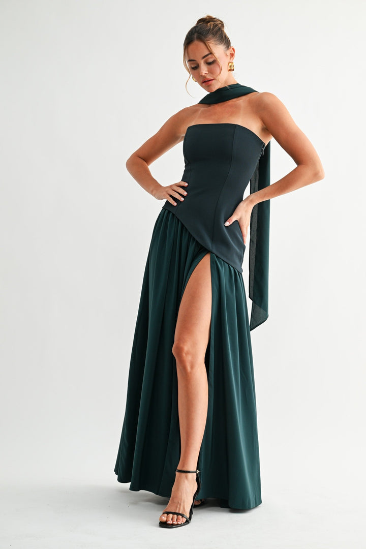 Emerald strapless maxi dress with high slit, side view