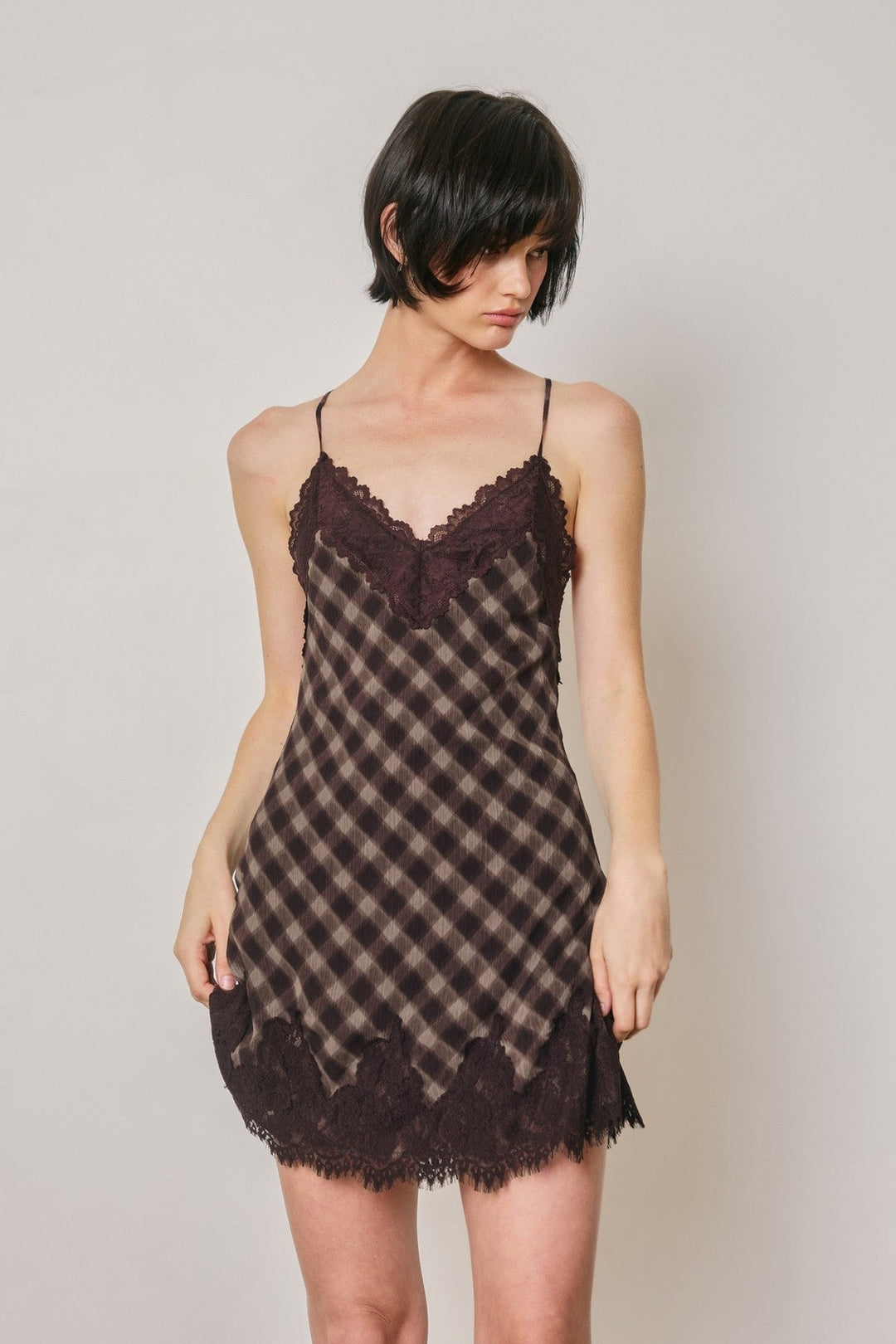 Espresso checkered lace trim slip mini dress with spaghetti straps, a holiday party dress