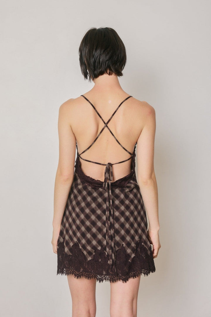 Espresso Checkered Lace Trim Slip Mini Dress - STYLED BY ALX COUTUREDresses