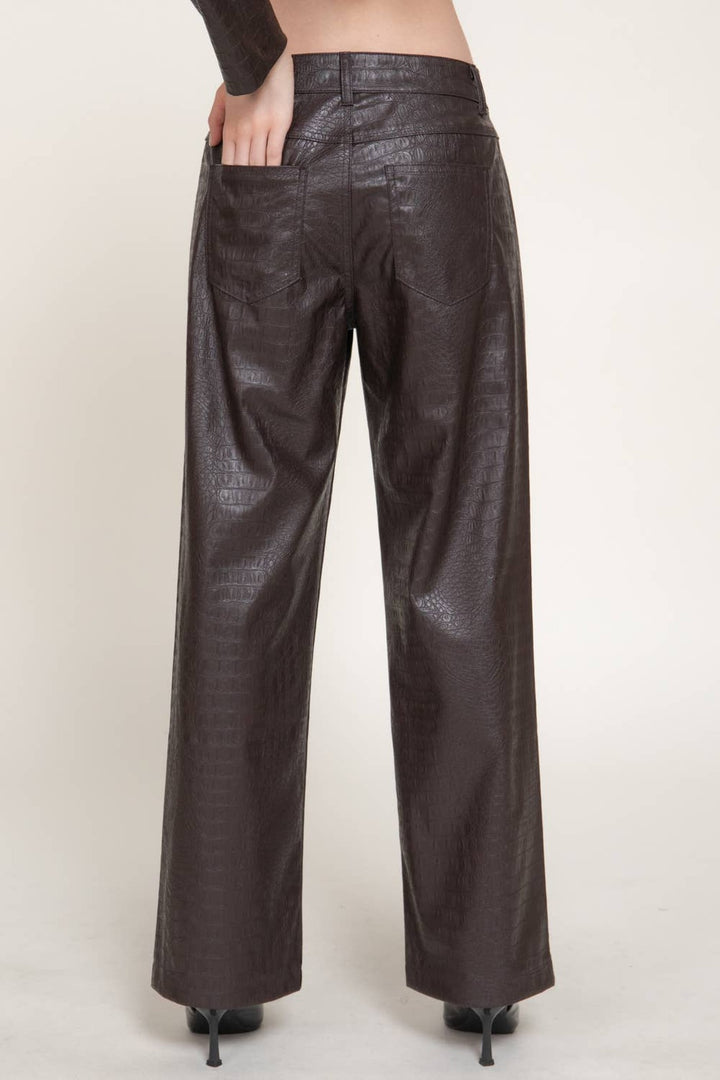 Front view of the espresso croc faux leather straight leg pants with button fly and belt loops
