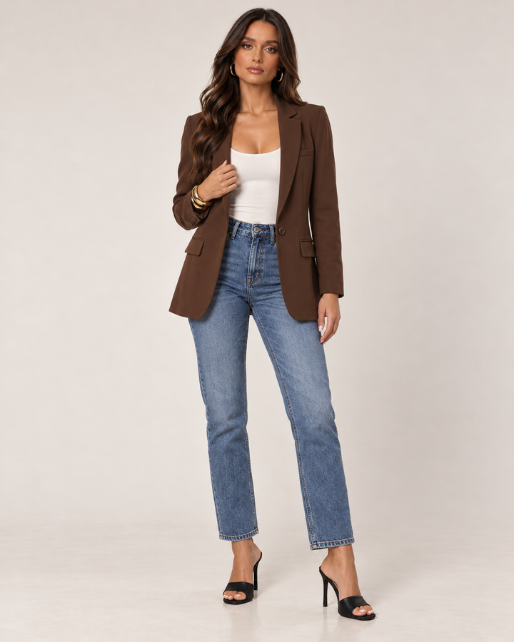 espresso Love Poem boyfriend blazer with jeans - full view