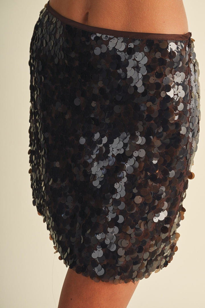 Espresso Paillette Sequin Mini Skirt - STYLED BY ALX COUTURESkirts &amp; Skorts