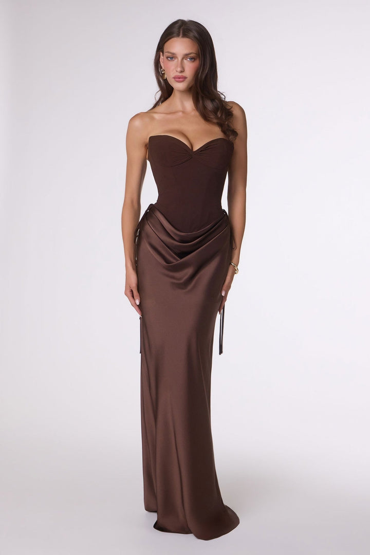 Espresso Romielle Strapless Corset Back Satin Gown - STYLED BY ALX COUTUREDresses