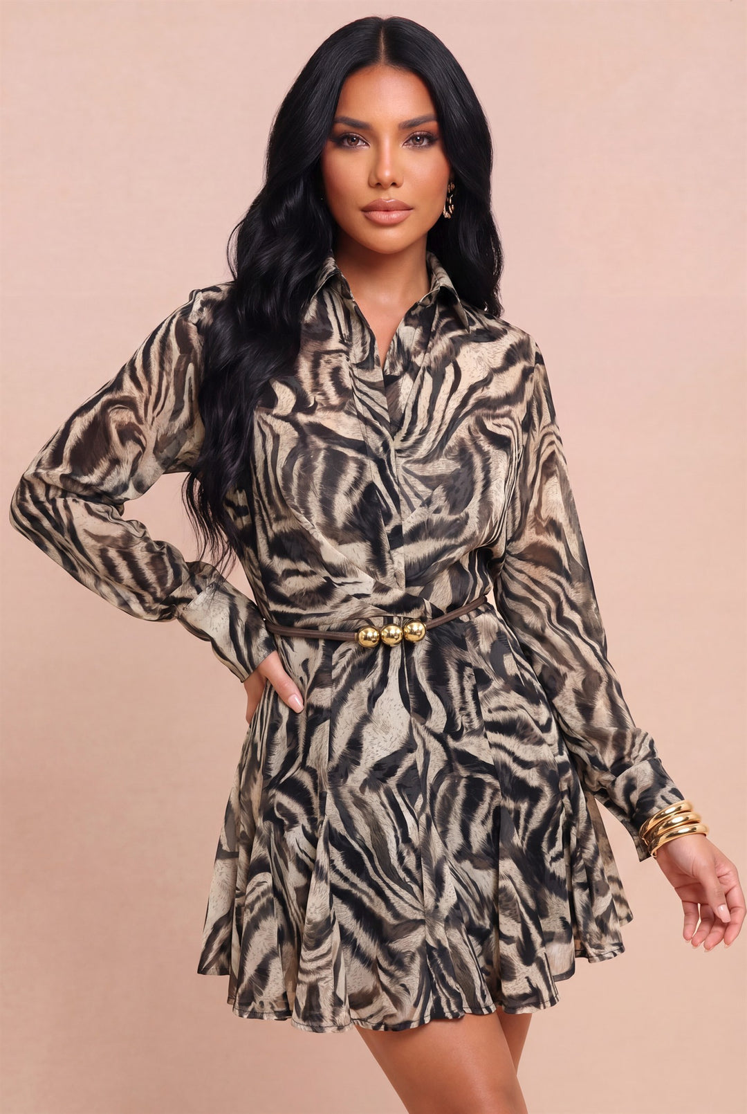 Front view of Luxxel taupe safari print belted mini shirtdress