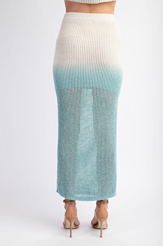 back of the Ecru Aqua Ombre Crochet Skirt 