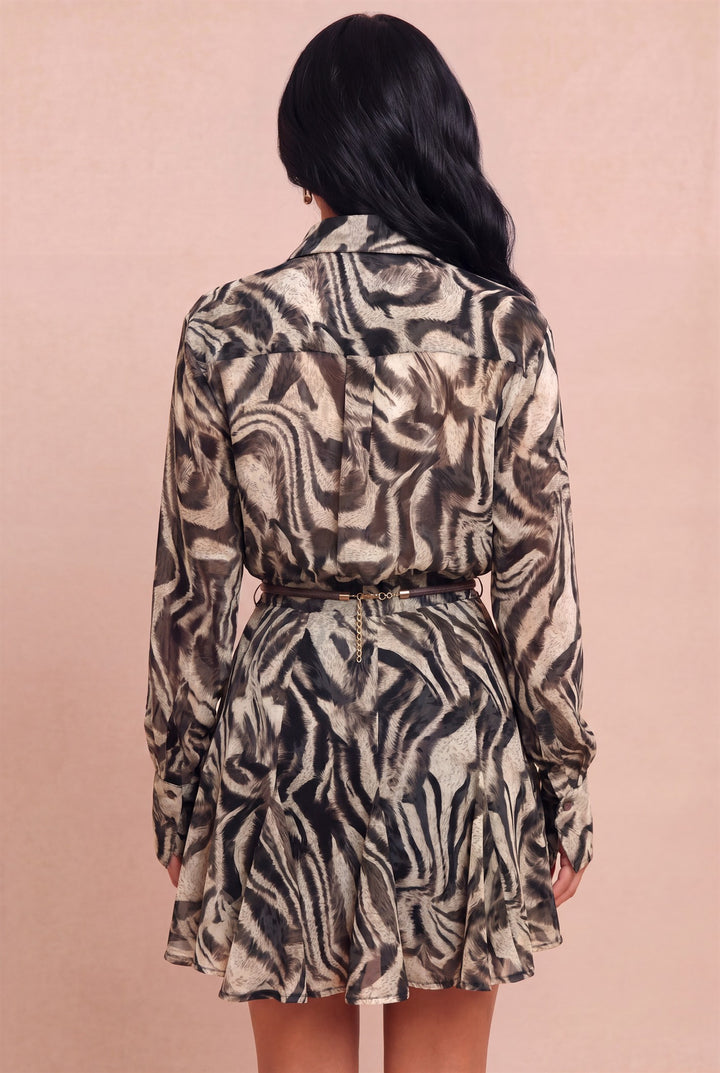 Back view of Luxxel long sleeve safari print flared mini dress