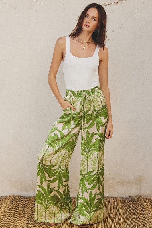 Tropical leave print pull on pants