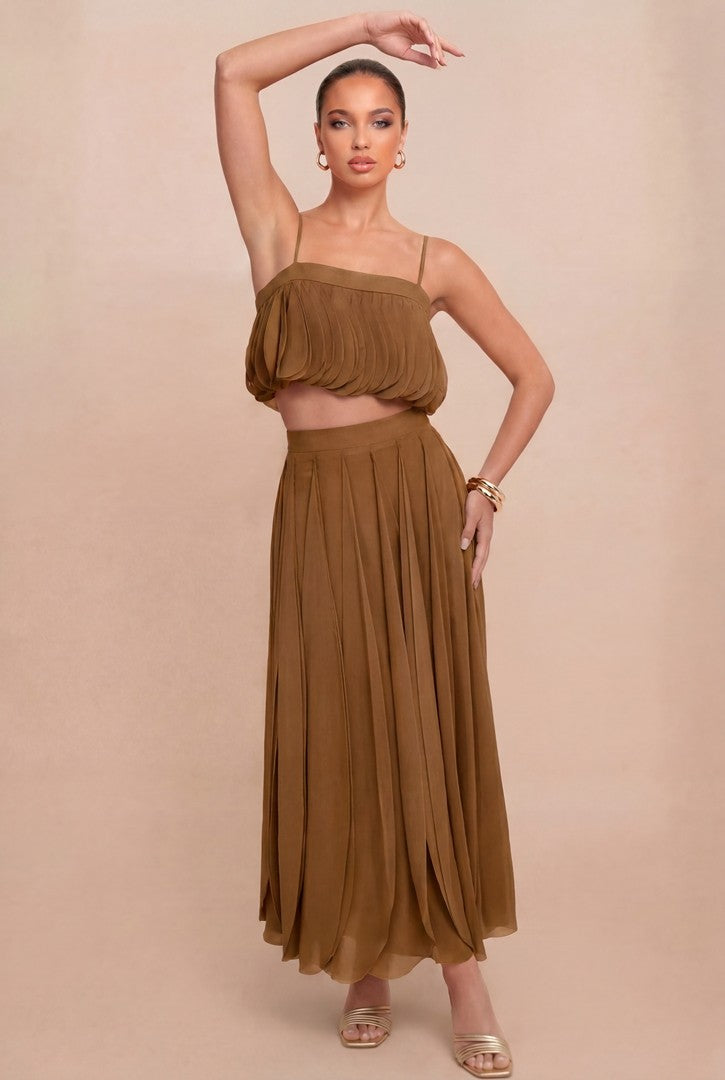 Front view of Luxxel mocha petal layer skirt set