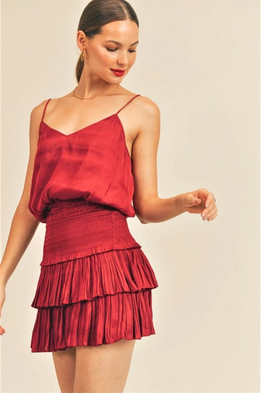 STYLED BY ALX COUTURE MIAMI BOUTIQUE Deep Red Silky Amore Top and Smock Skirt Set