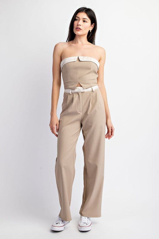 model is wearing Taupe Cream Contrast Satin Wide Pants with matching top 
