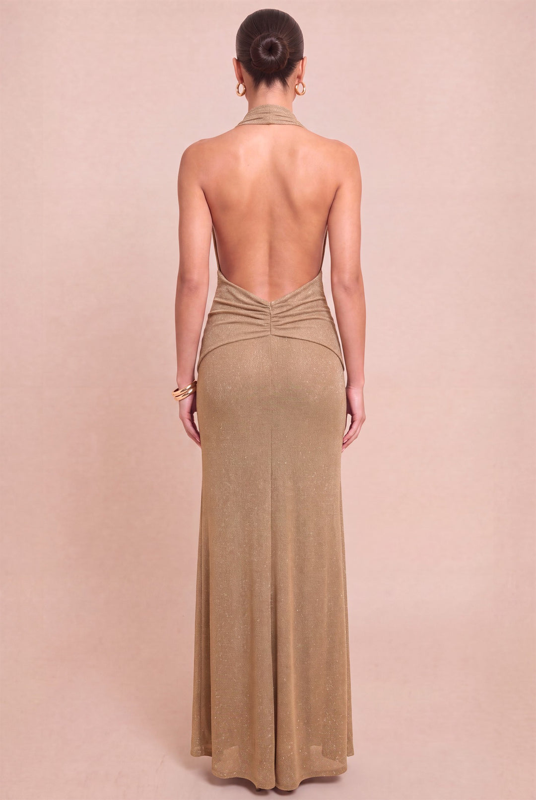 Open back of Luxxel mocha metallic halter maxi dress