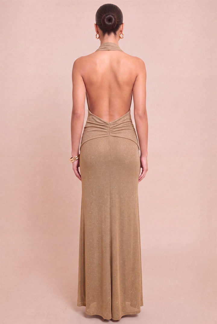 Open back of Luxxel mocha metallic halter maxi dress