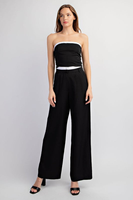 model is wearing Black Tailored Elastic Waist Pants with matching top and black heel sandals 