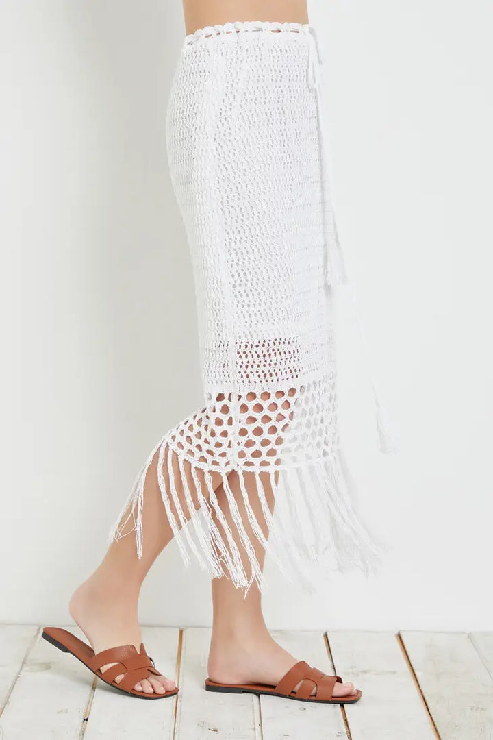 STYLED BY ALX COUTURE MIAMI BOUTIQUE White Crochet Tassel Knit Skirt