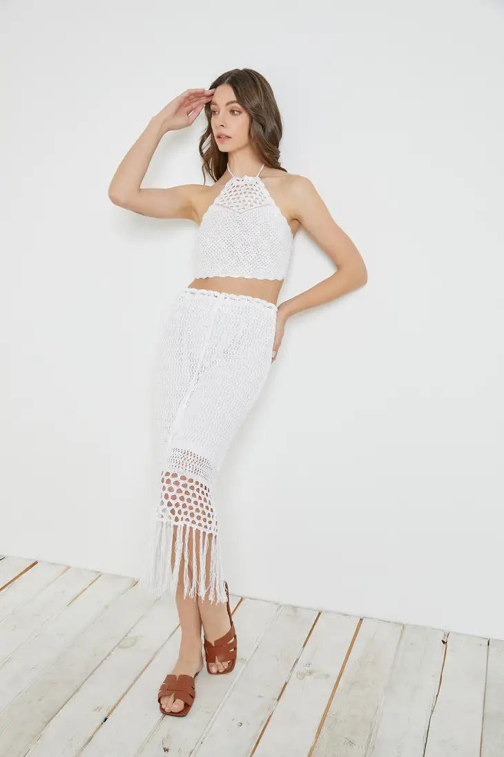 STYLED BY ALX COUTURE MIAMI BOUTIQUE White Crochet Tassel Knit Skirt