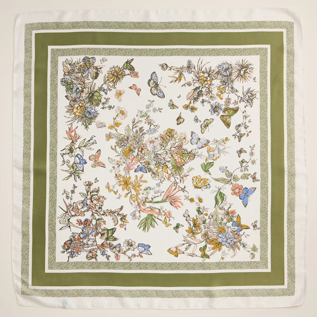 Butterfly and floral design framed by a classic border on a silk texture scarf