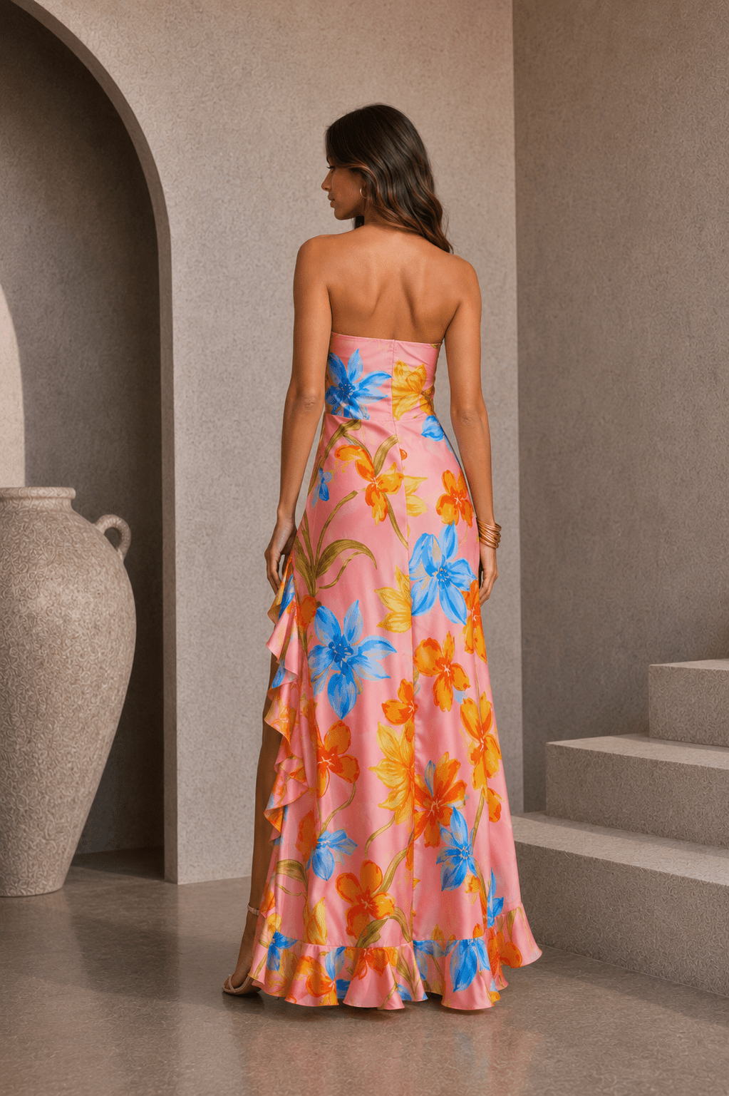 Floral Strapless Ruffled Slit Dress - STYLED BY ALX COUTUREDresses