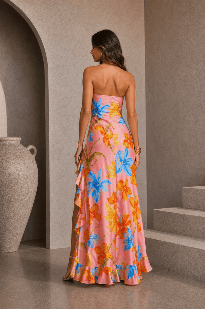 Floral Strapless Ruffled Slit Dress - STYLED BY ALX COUTUREDresses
