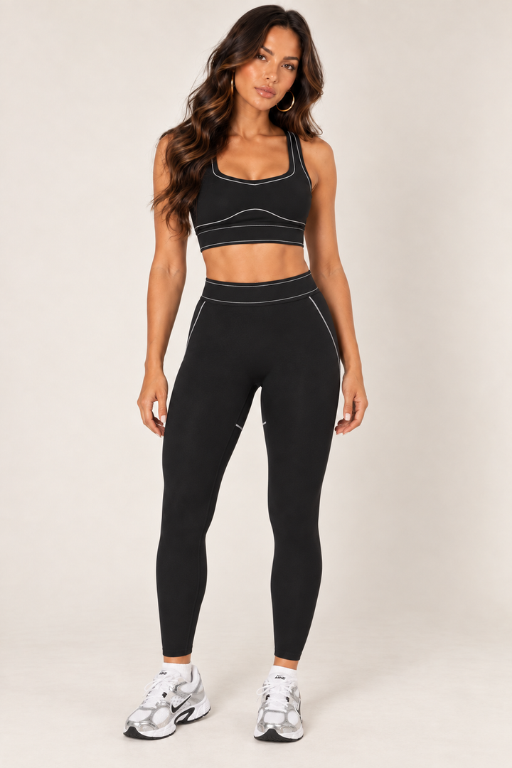Front view of the black contrast-thread sports bra with wide straps and a curved front seam, styled with matching contour leggings and Nike sneakers.