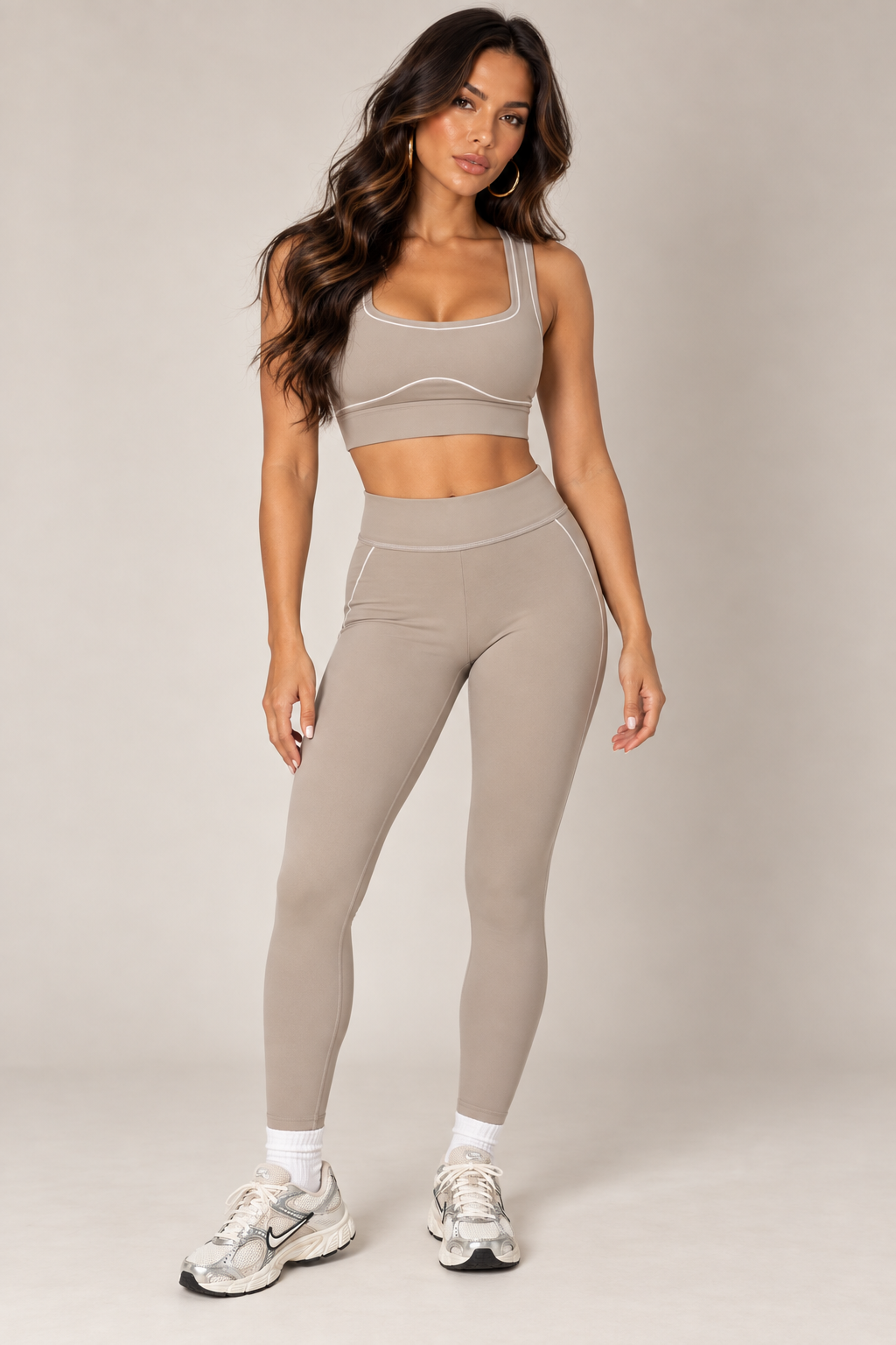 Taupe high-rise contour leggings — full front with matching sports bra, sold separately