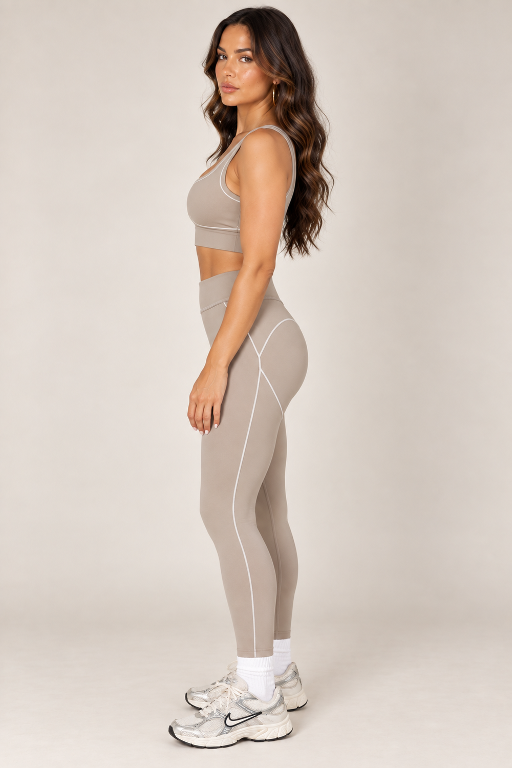 Taupe high-rise contour leggings — full side with matching sports bra, sold separately