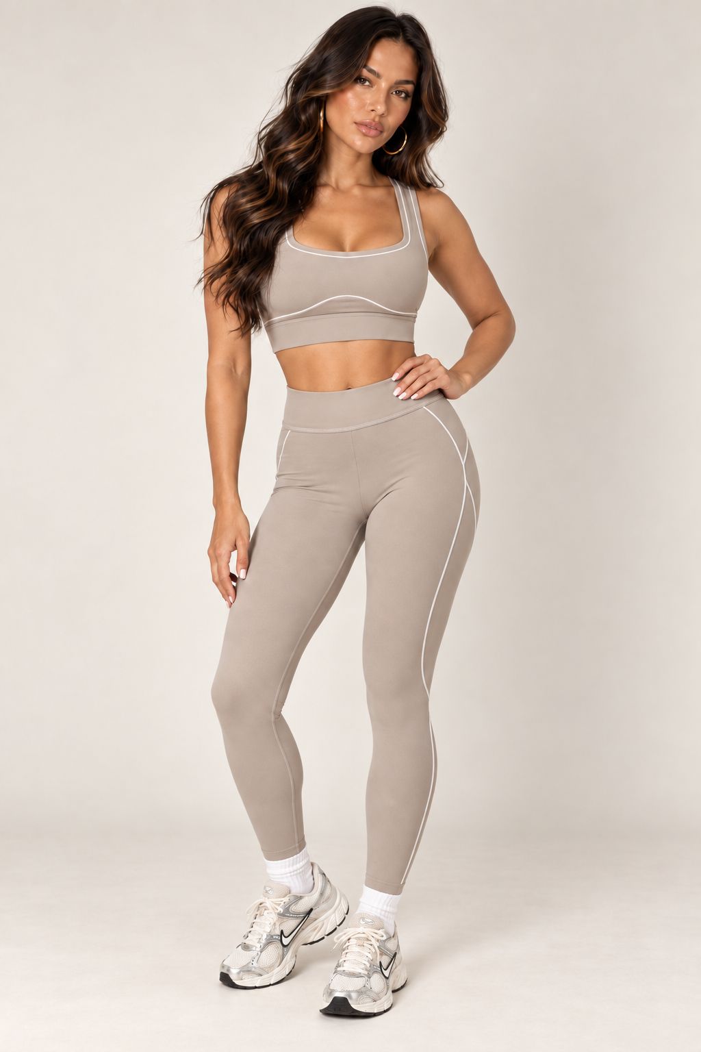 Taupe high-rise contour leggings — full three quarter with matching sports bra, sold separately