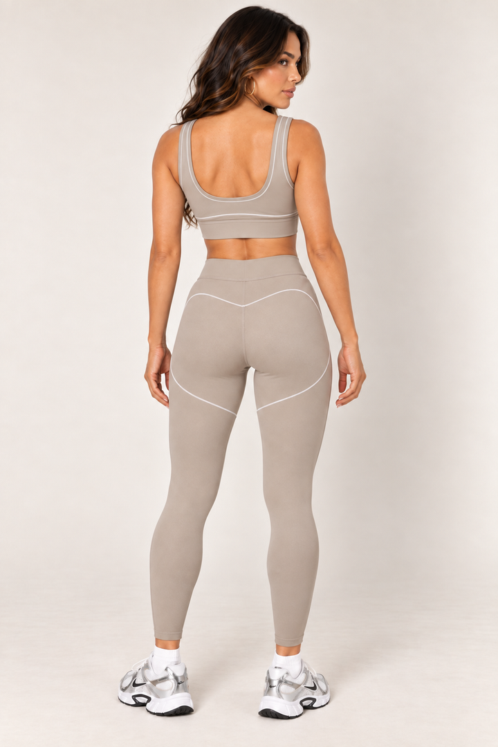 Taupe high-rise contour leggings — full rear three quarter with matching sports bra, sold separately
