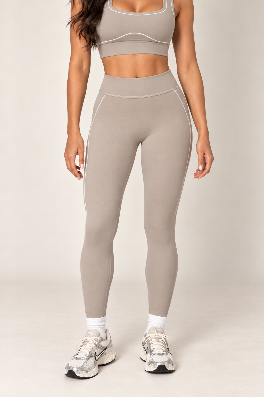 Taupe high-rise contour leggings — legs front with matching sports bra, sold separately