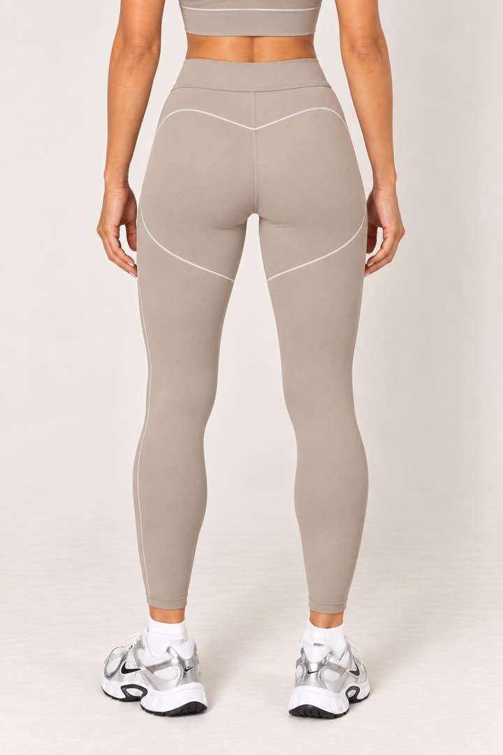 Taupe high-rise contour leggings — legs back with matching sports bra, sold separately