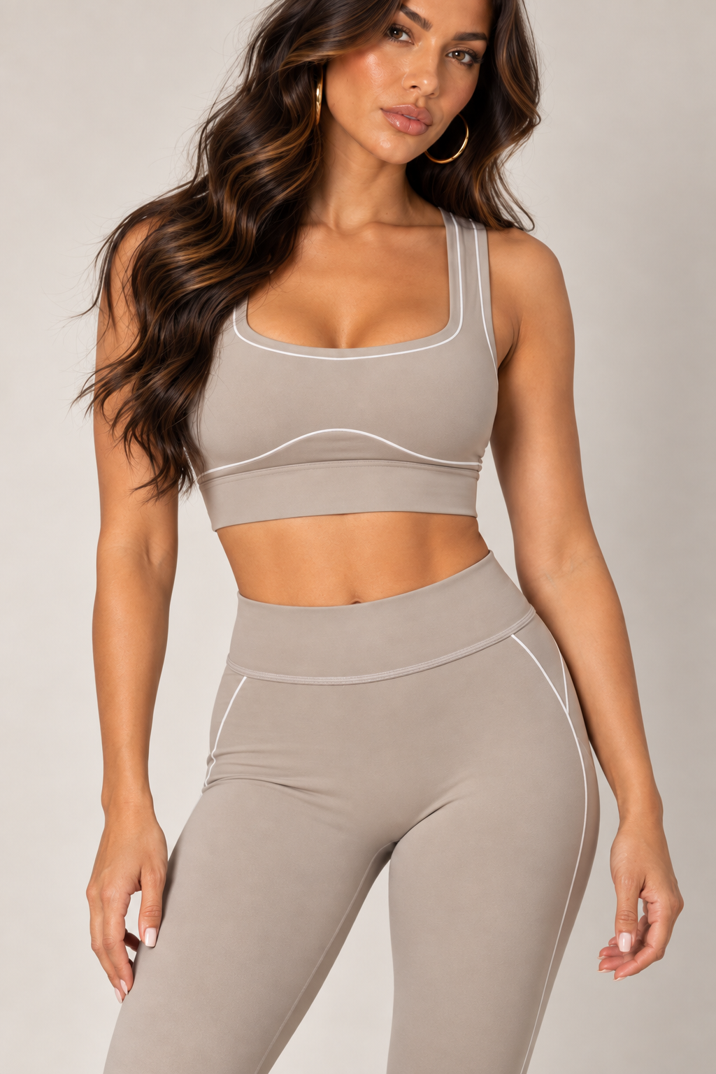 Taupe high-rise contour leggings — legs waist detail with matching sports bra, sold separately
