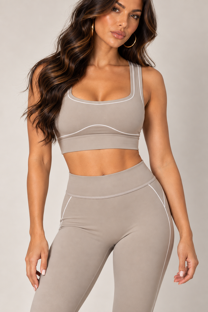 Taupe high-rise contour leggings — legs waist detail with matching sports bra, sold separately