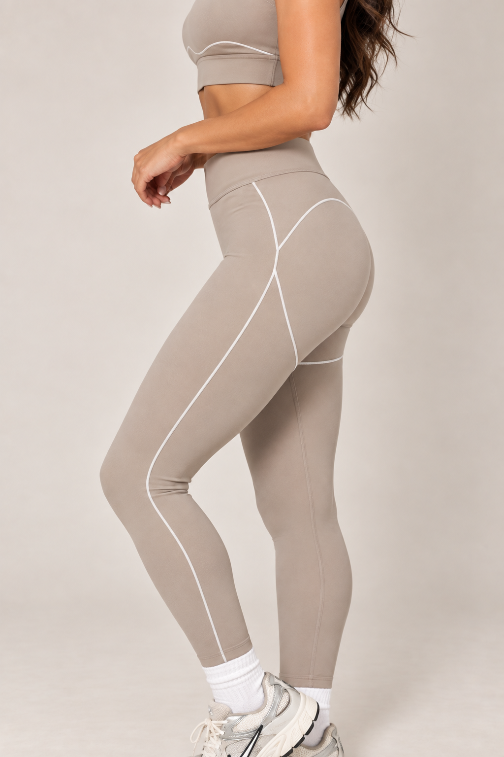 Taupe high-rise contour leggings — legs side detail with matching sports bra, sold separately