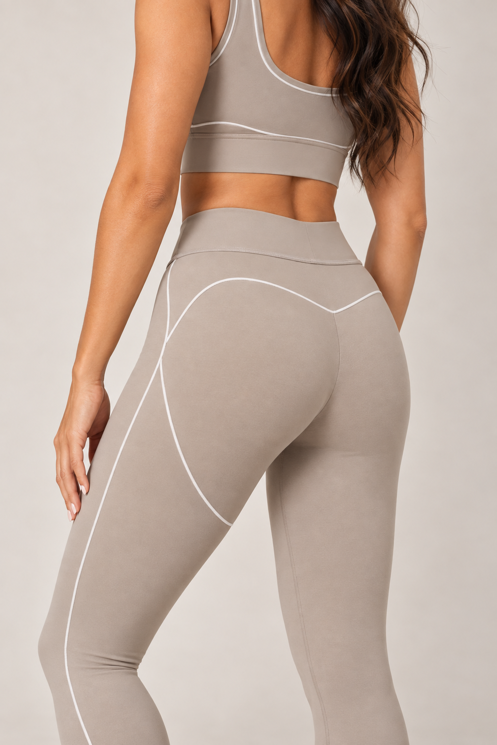 Taupe high-rise contour leggings — legs back detail with matching sports bra, sold separately