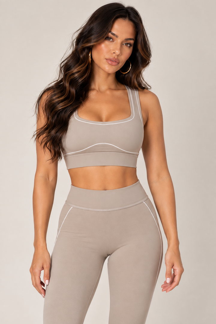 Taupe contrast-thread sports bra — bra front