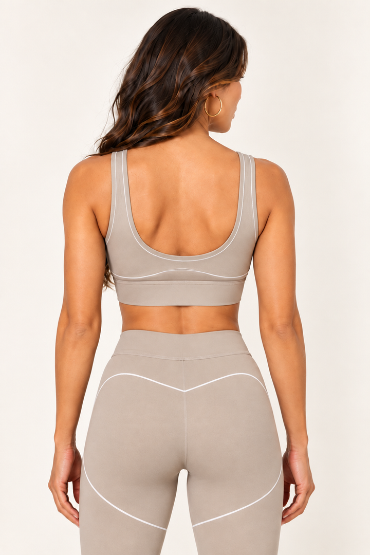Taupe contrast-thread sports bra — bra back