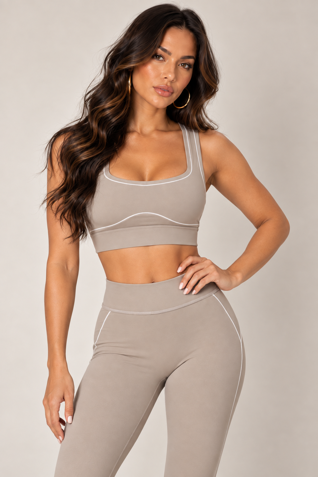 Taupe contrast-thread sports bra — bra three quarter