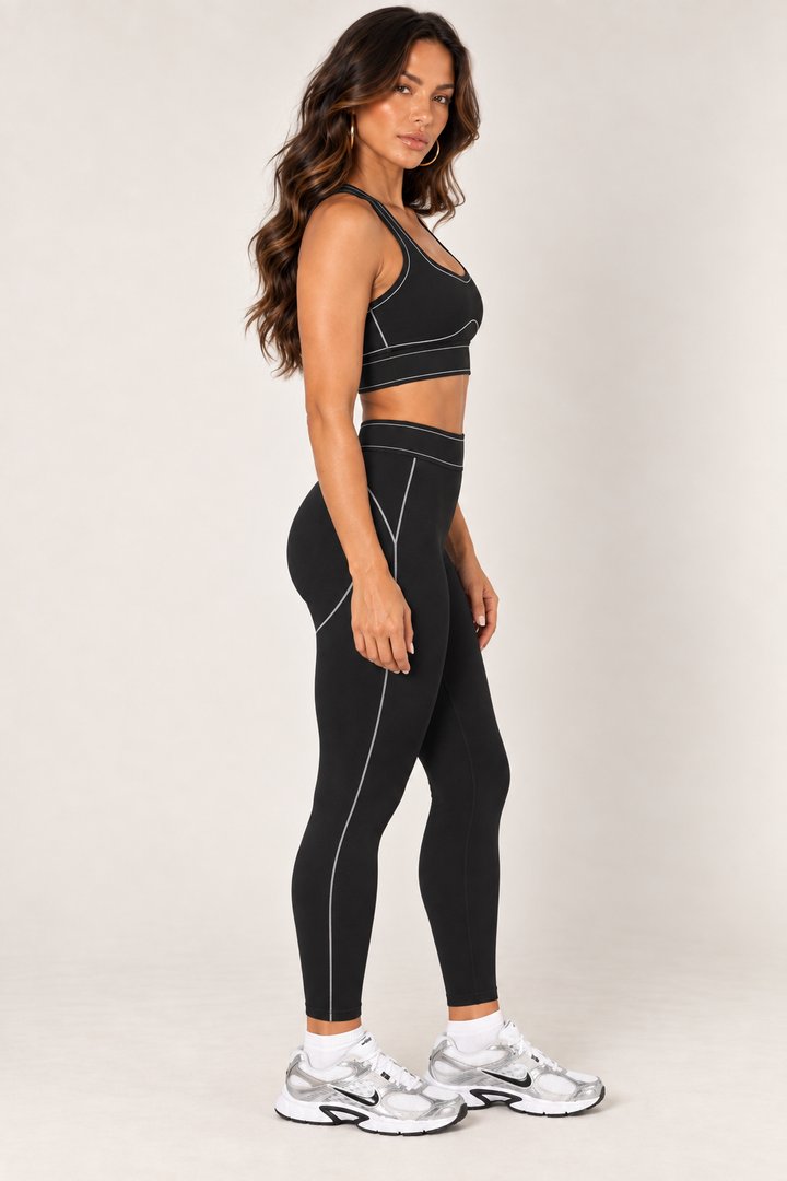 Black leggings — leggings side detail; coordinating pieces sold separately