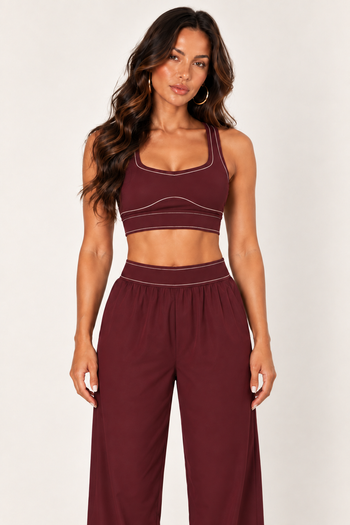 Glowy burgundy sports bra — bra front