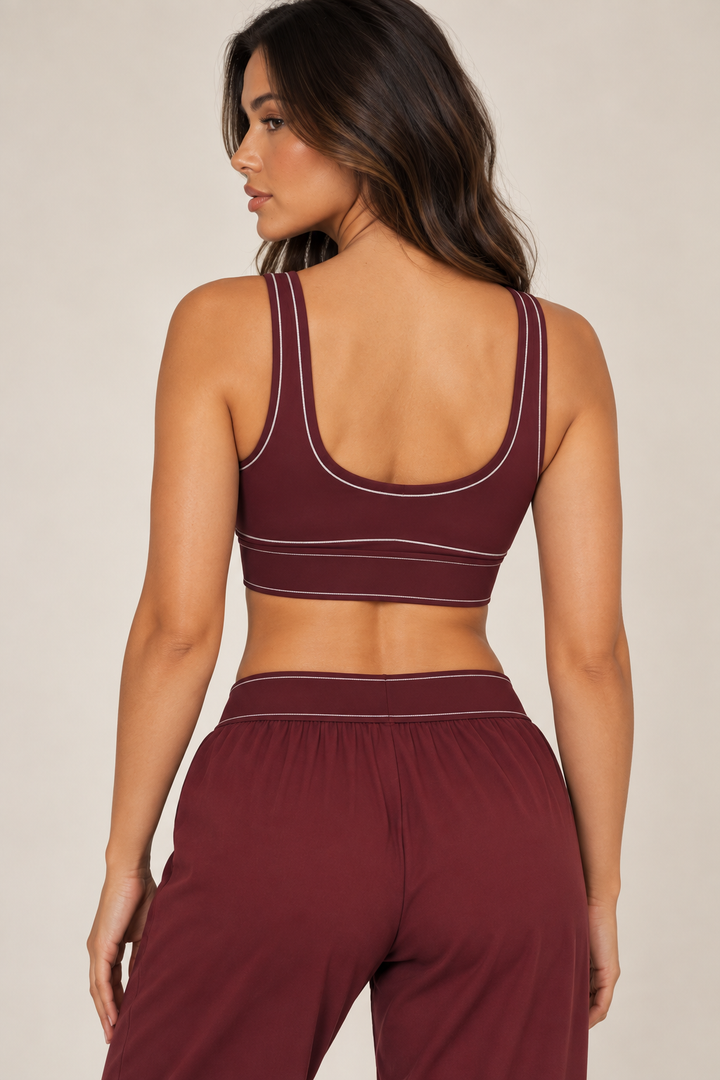 Glowy burgundy sports bra — bra back