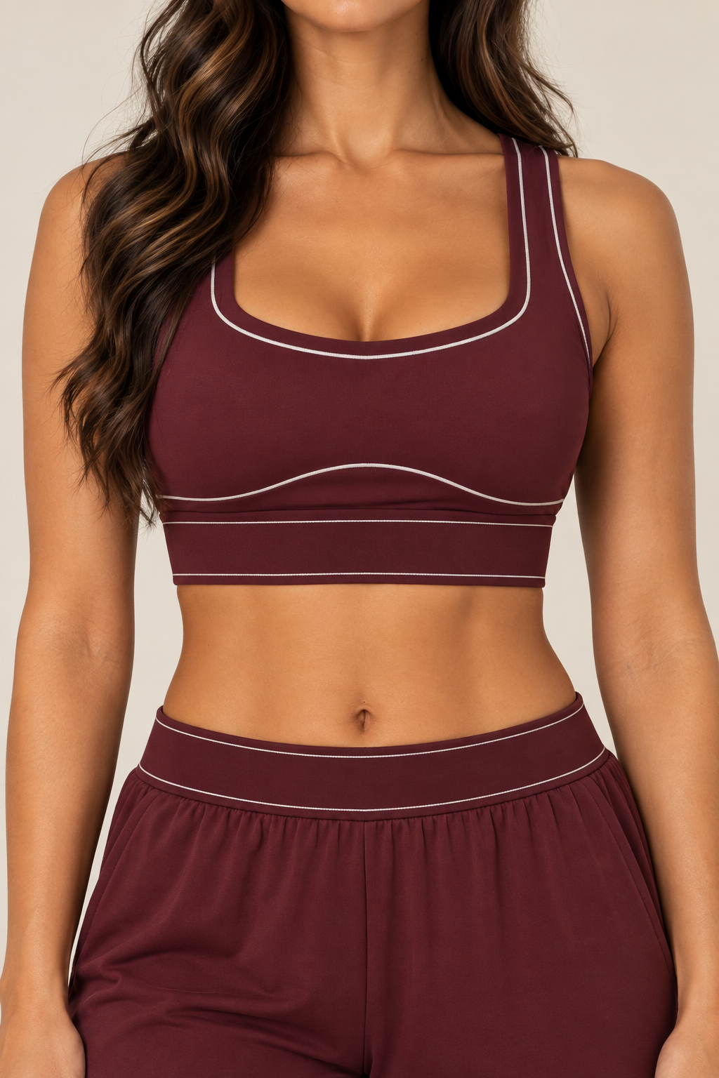 Glowy burgundy sports bra — bra neckline detail