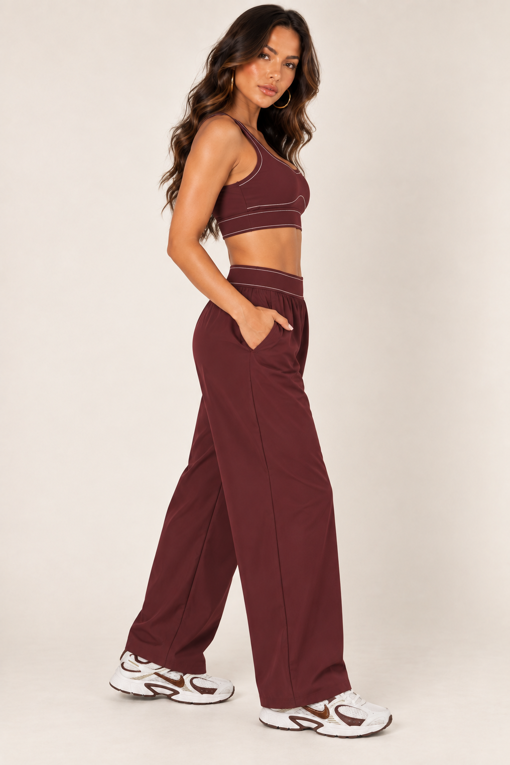 Glowy burgundy track pants — track side crop