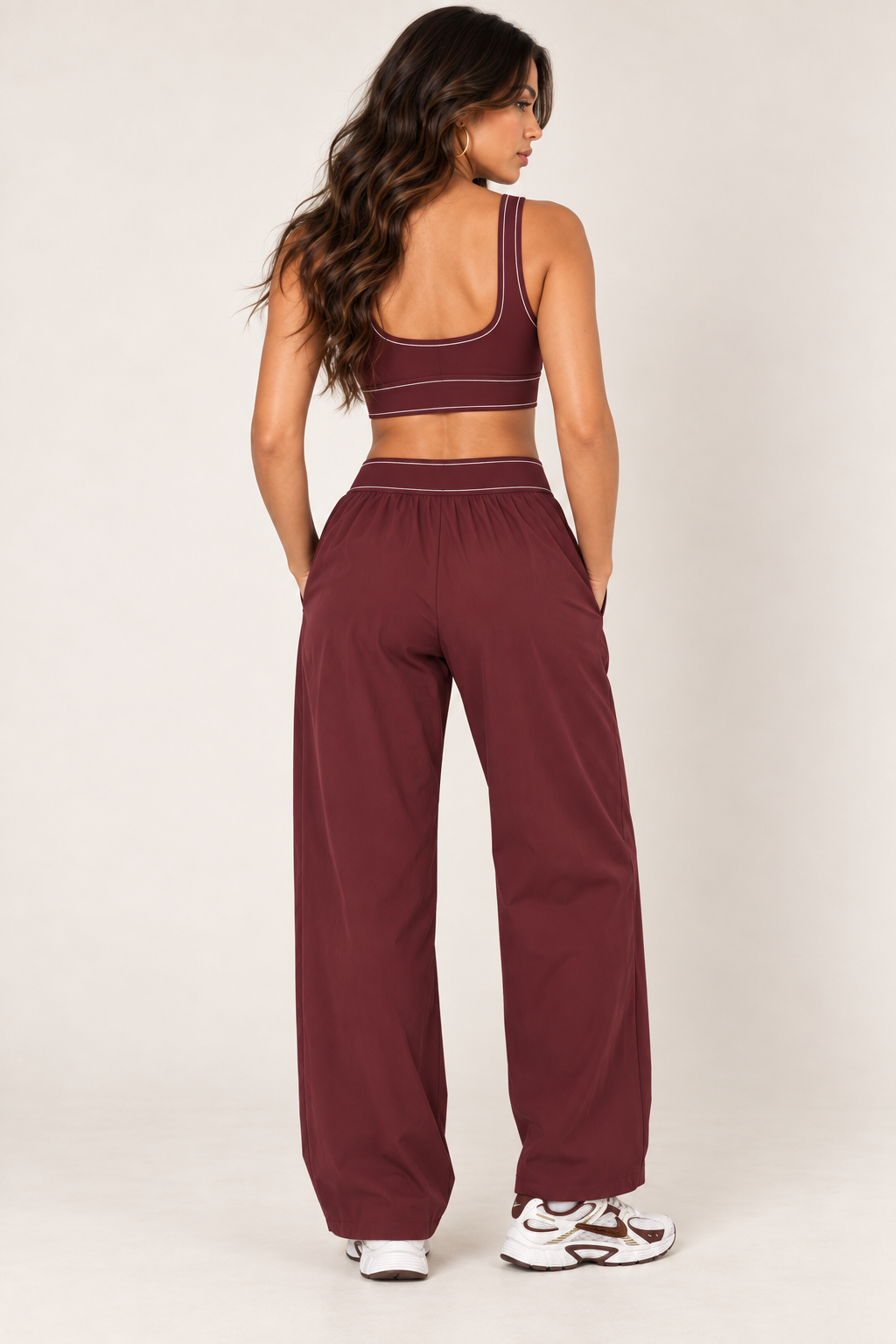 Glowy burgundy track pants — track back crop