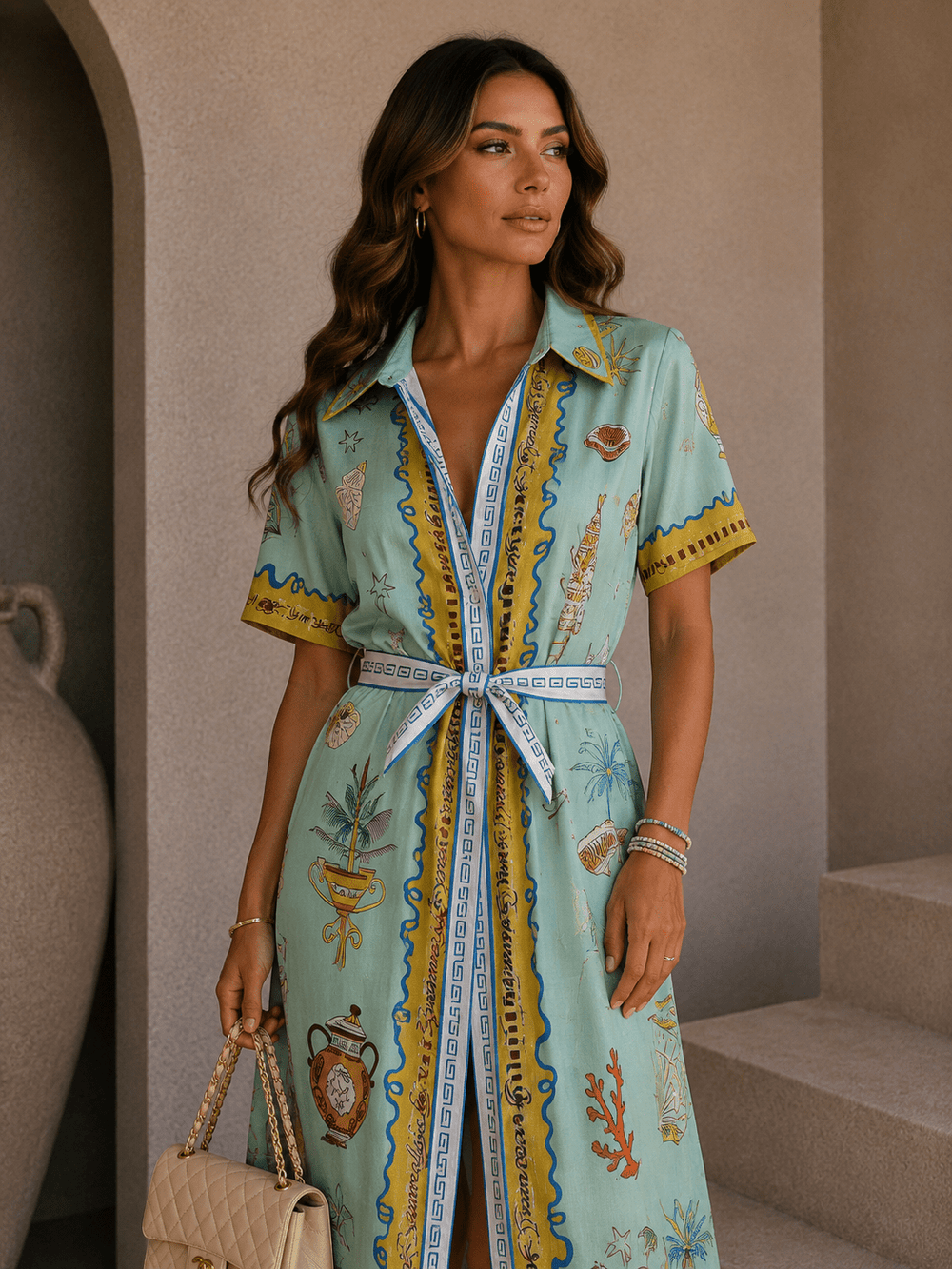 Greek Print Belted Maxi Dress - STYLED BY ALX COUTUREDresses